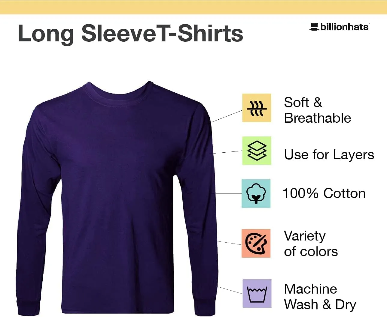 BILLIONHATS 6 Pack Big & Tall Long Sleeve Colorful T-Shirts for Mens 100% Cotton - Crew Neck Bulk Tees Wholesale Packs