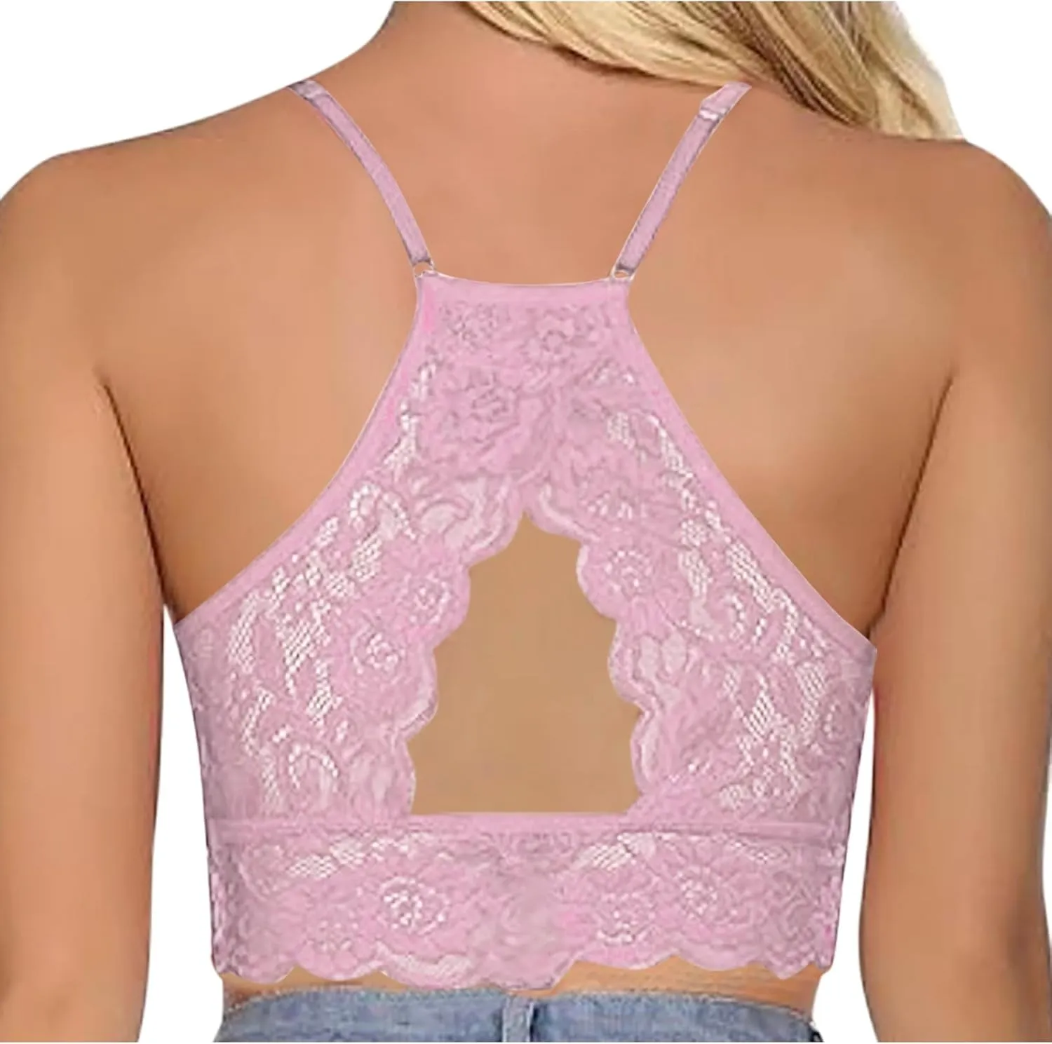 Binmer Lace Bralette for Womens High Neck Camisoles Spaghetti Strap Crop Tops Racerback Double-Layered Half Cami Tank Top