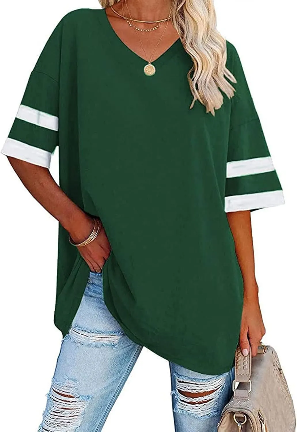 Binmer Oversized Short Sleeve T Shirts for Womens V Neck Tee 2024 Summer Casual Loose Striped Tunic Tops Workout Blouse