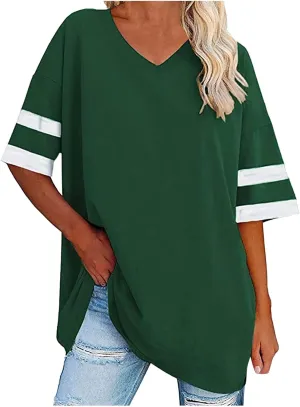 Binmer Oversized Short Sleeve T Shirts for Womens V Neck Tee 2024 Summer Casual Loose Striped Tunic Tops Workout Blouse