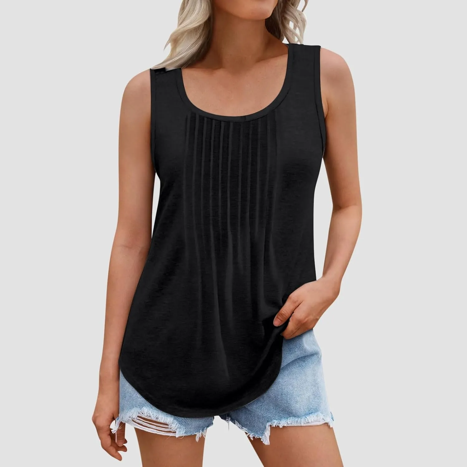Binmer Women Plus Size Tank Tops Summer Casual Pleated Crew Neck Sleeveless T Shirts Loose Fit Beach Vest Tees,Solid/Gradient