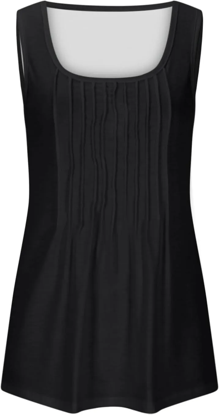 Binmer Women Plus Size Tank Tops Summer Casual Pleated Crew Neck Sleeveless T Shirts Loose Fit Beach Vest Tees,Solid/Gradient