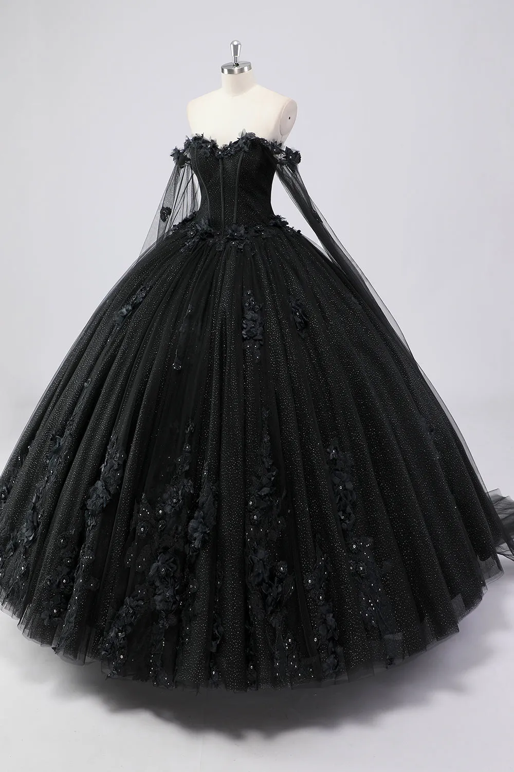 Black Ball Gown Off the Shoulder Tulle Quinceanera Dress with 3D Flowers