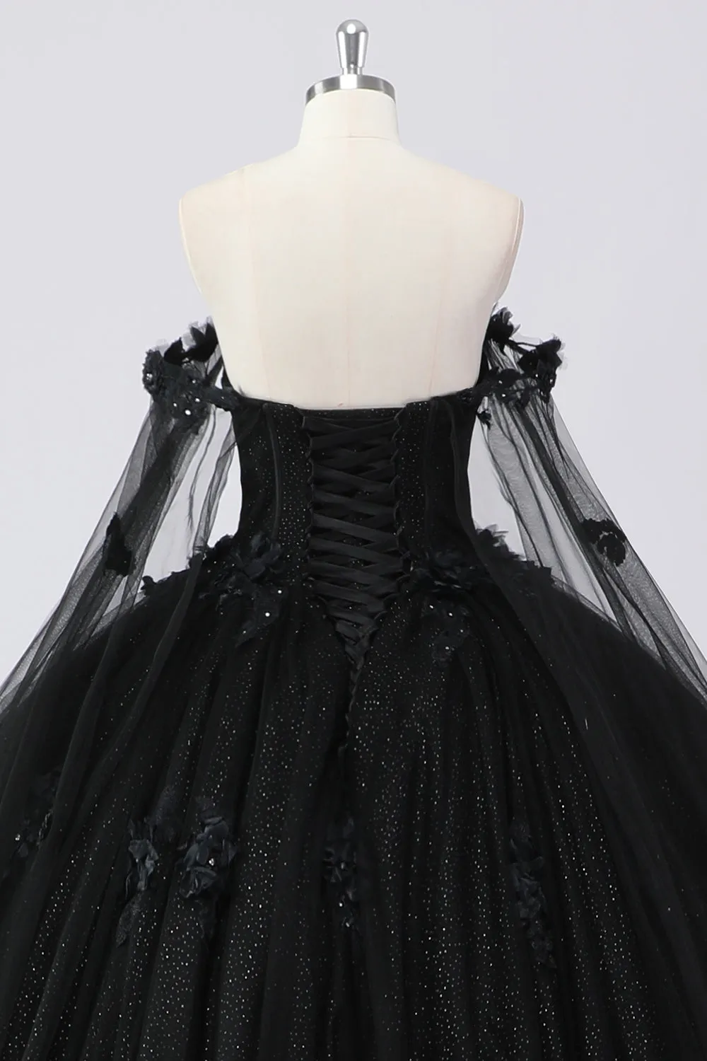 Black Ball Gown Off the Shoulder Tulle Quinceanera Dress with 3D Flowers