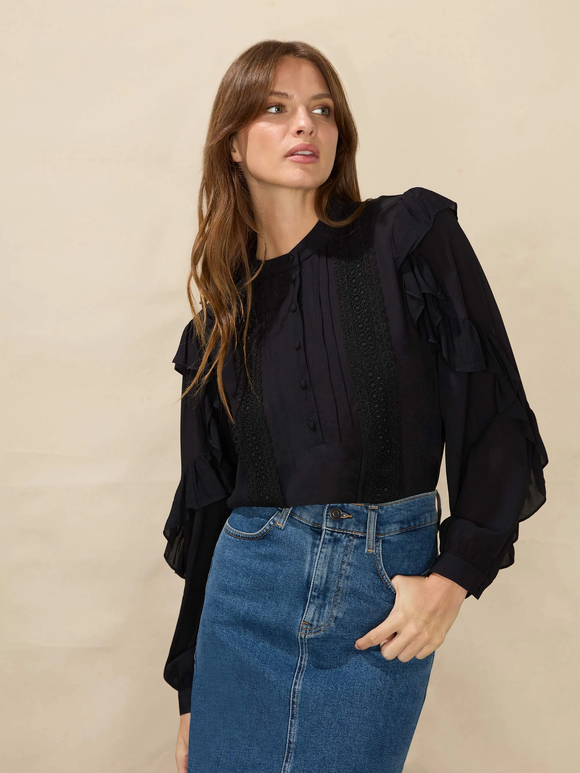 Black Frill Sleeve Shirt