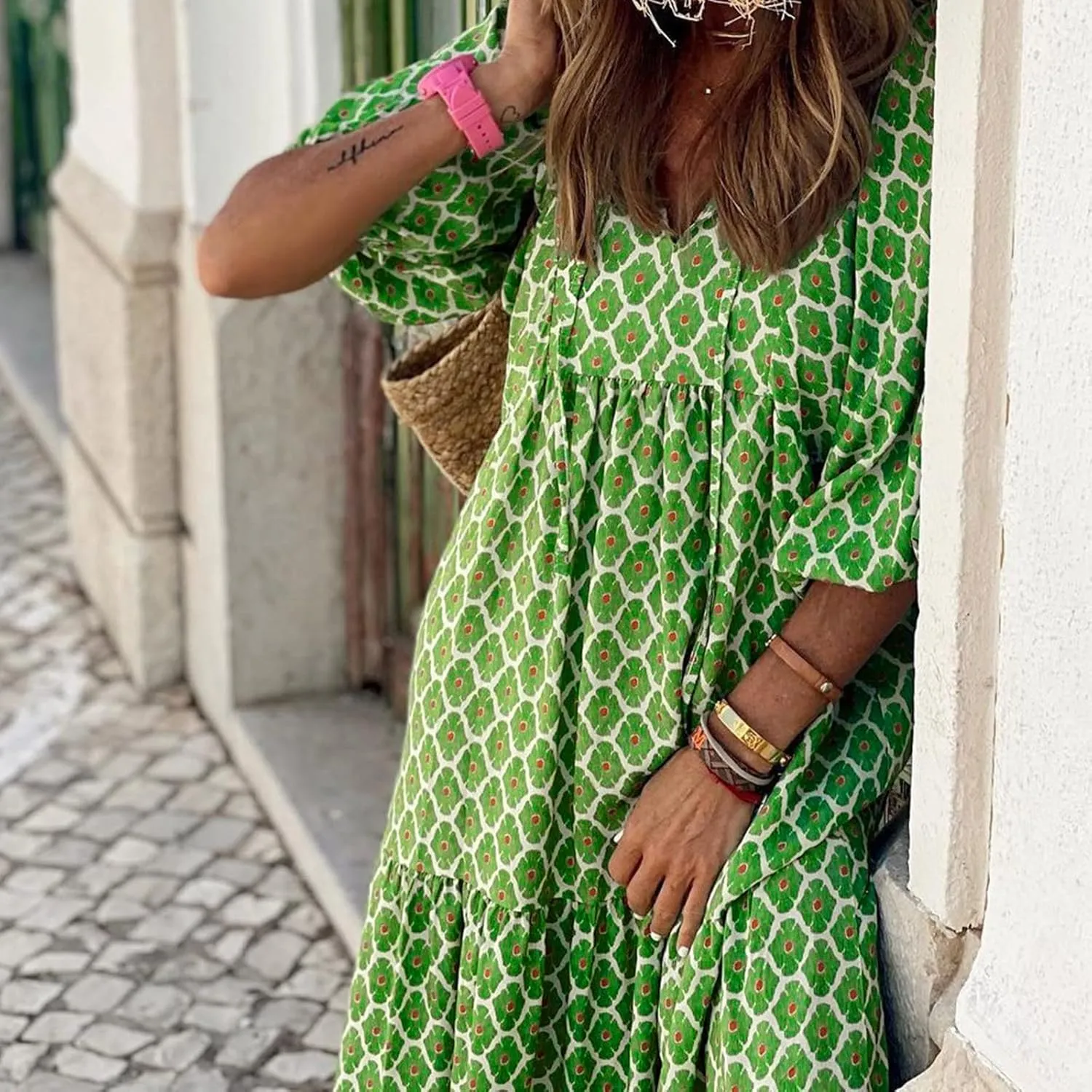 Boho Maxi Dresses for Women 2025 Summer Puff Sleeve Geometric Flowy Long Dress Modest Tiered Shift Bohemian Dress