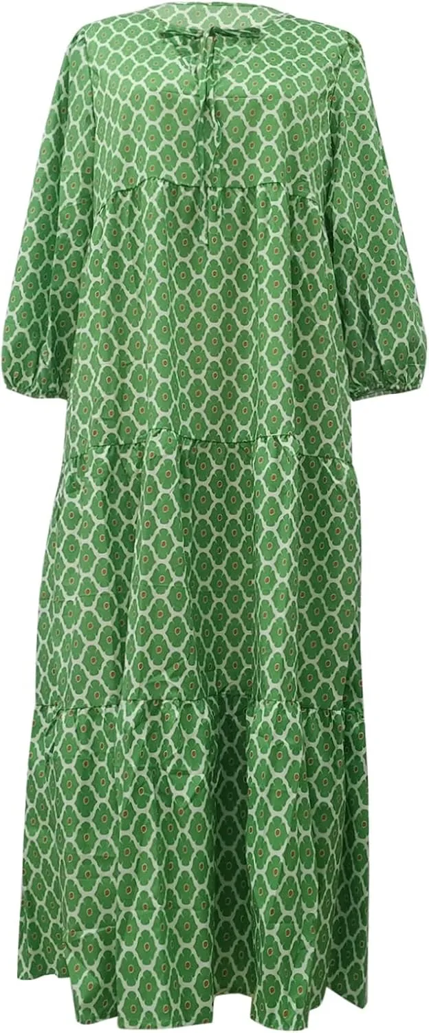 Boho Maxi Dresses for Women 2025 Summer Puff Sleeve Geometric Flowy Long Dress Modest Tiered Shift Bohemian Dress