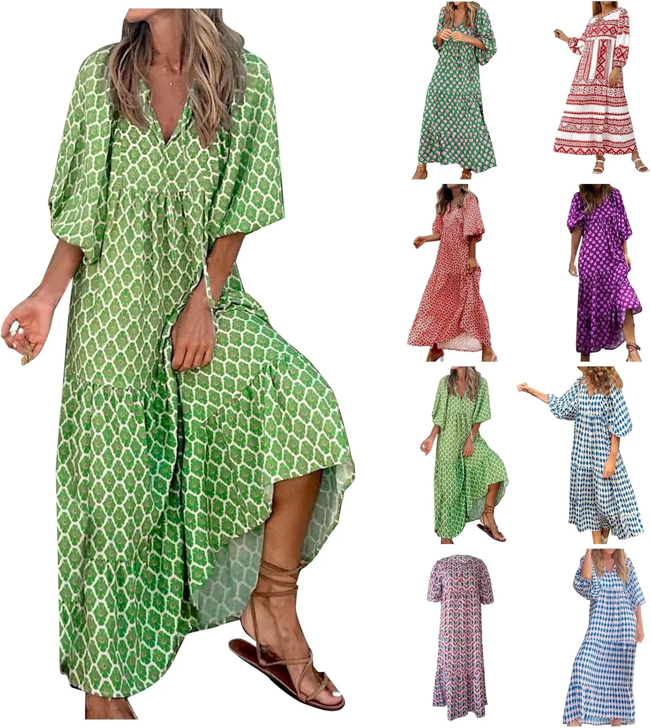 Boho Maxi Dresses for Women 2025 Summer Puff Sleeve Geometric Flowy Long Dress Modest Tiered Shift Bohemian Dress