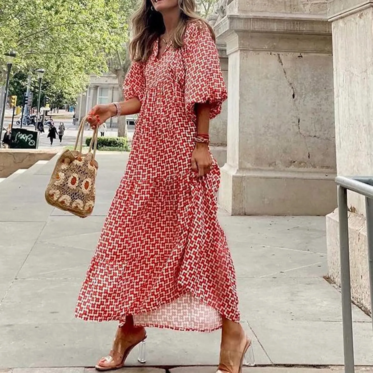 Boho Maxi Dresses for Women 2025 Summer Puff Sleeve Geometric Flowy Long Dress Modest Tiered Shift Bohemian Dress