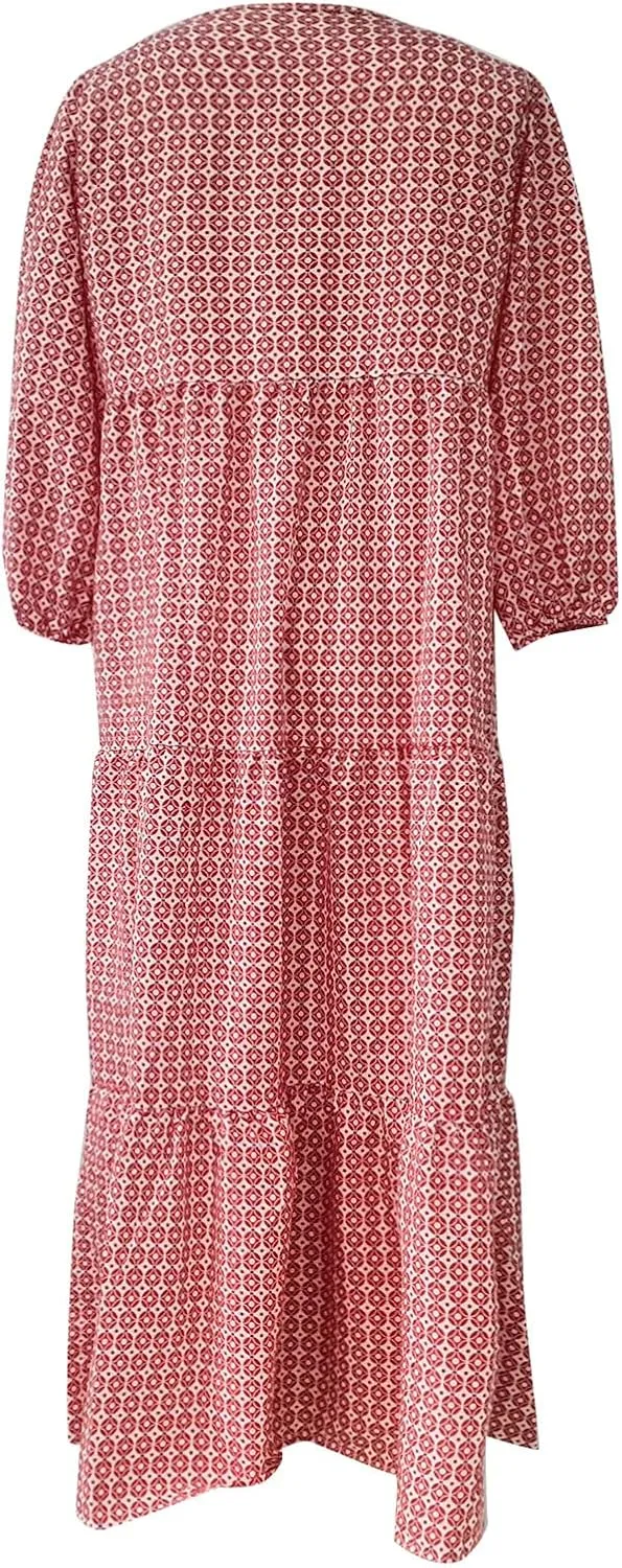Boho Maxi Dresses for Women 2025 Summer Puff Sleeve Geometric Flowy Long Dress Modest Tiered Shift Bohemian Dress