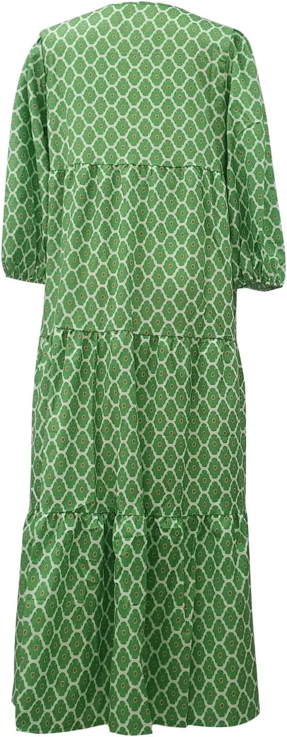 Boho Maxi Dresses for Women 2025 Summer Puff Sleeve Geometric Flowy Long Dress Modest Tiered Shift Bohemian Dress