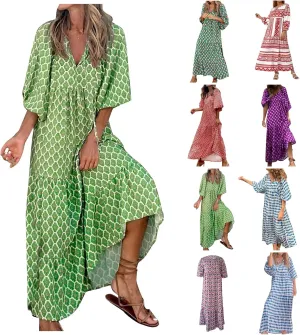Boho Maxi Dresses for Women 2025 Summer Puff Sleeve Geometric Flowy Long Dress Modest Tiered Shift Bohemian Dress