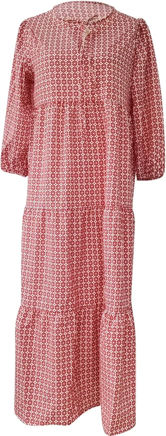 Boho Maxi Dresses for Women 2025 Summer Puff Sleeve Geometric Flowy Long Dress Modest Tiered Shift Bohemian Dress