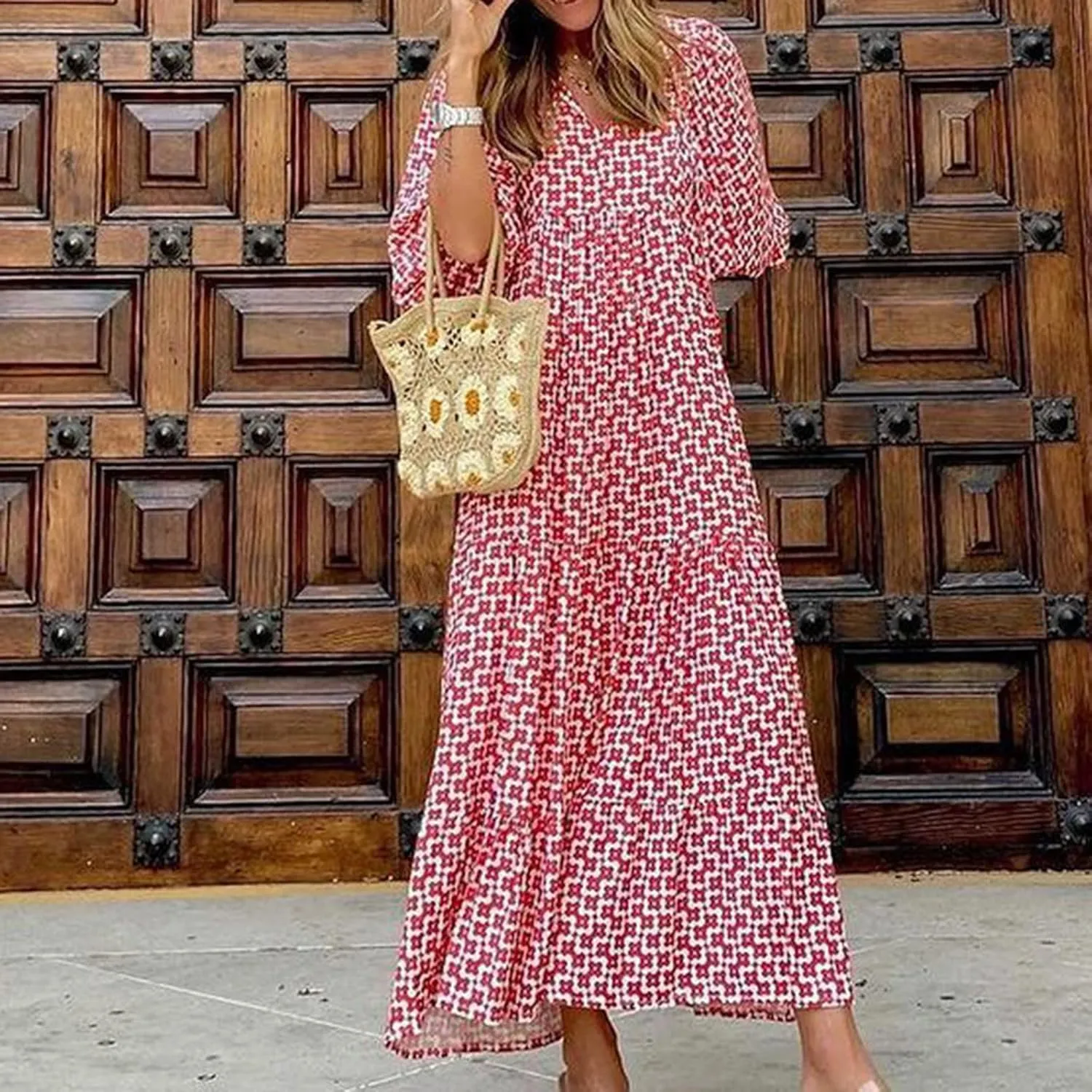 Boho Maxi Dresses for Women 2025 Summer Puff Sleeve Geometric Flowy Long Dress Modest Tiered Shift Bohemian Dress