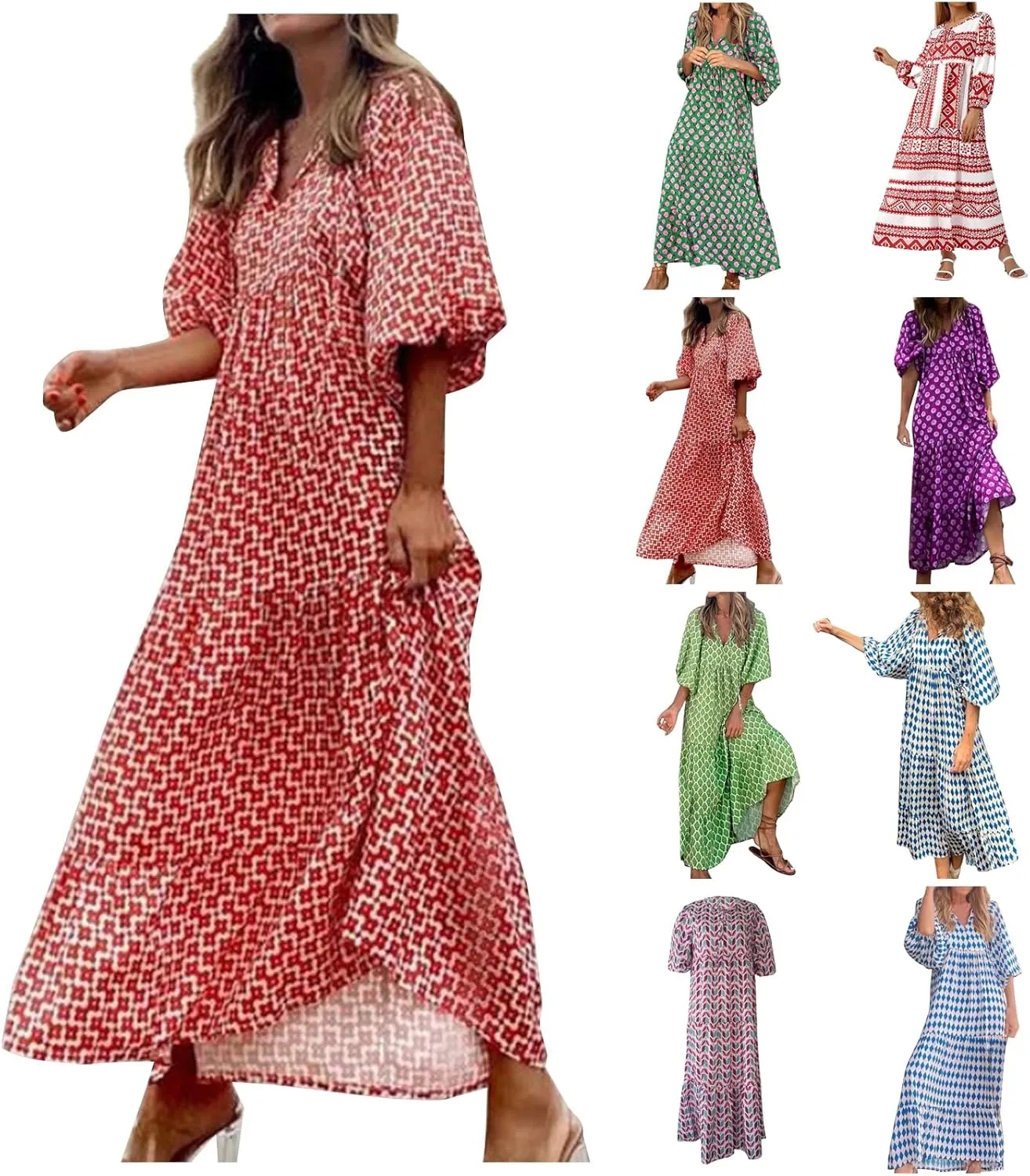 Boho Maxi Dresses for Women 2025 Summer Puff Sleeve Geometric Flowy Long Dress Modest Tiered Shift Bohemian Dress