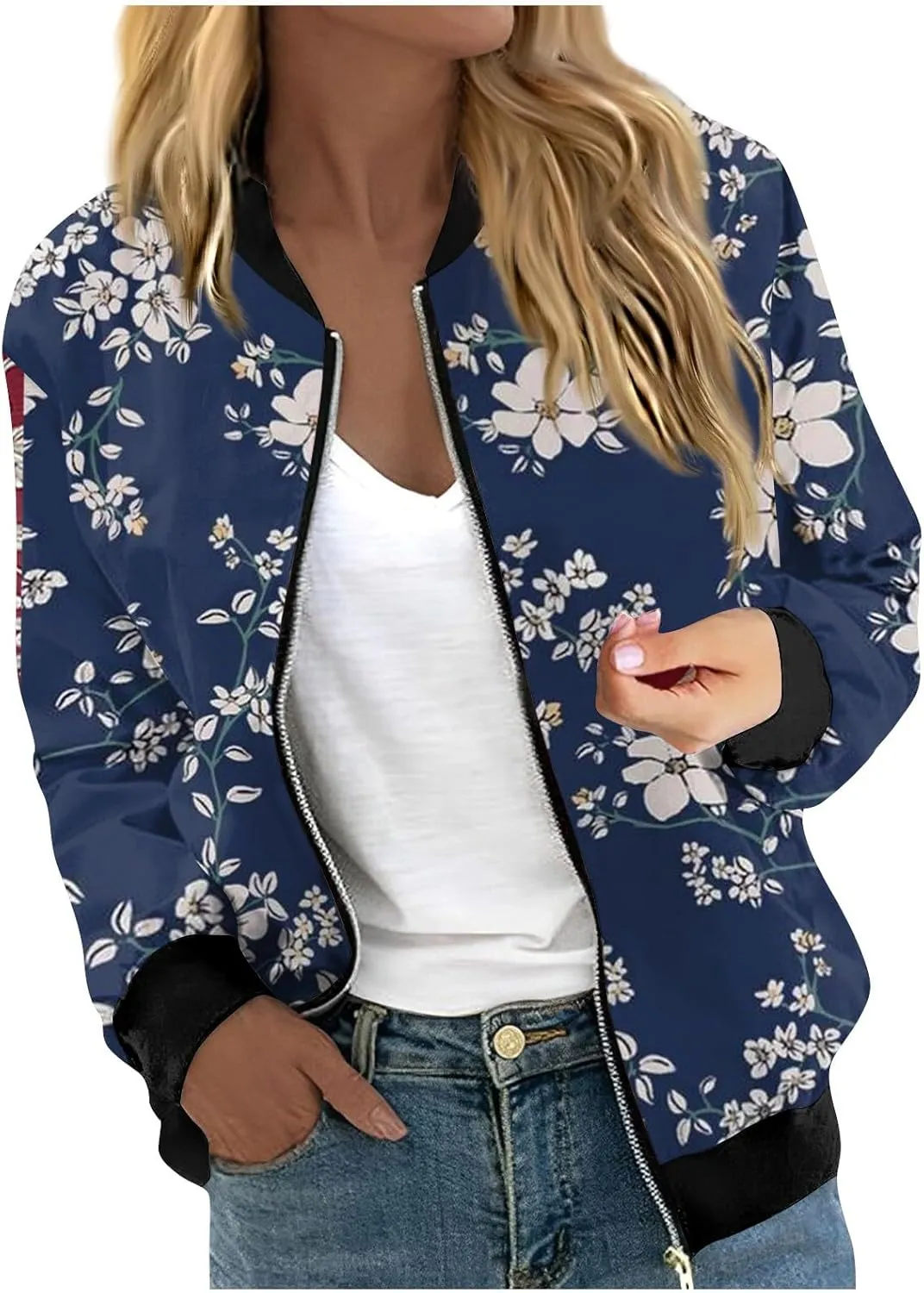Bomber Jacket Gifts for Women Fashion Floral Pattern Coat Lightweight Zip Up Outwears Fall Winter Heated Jacket