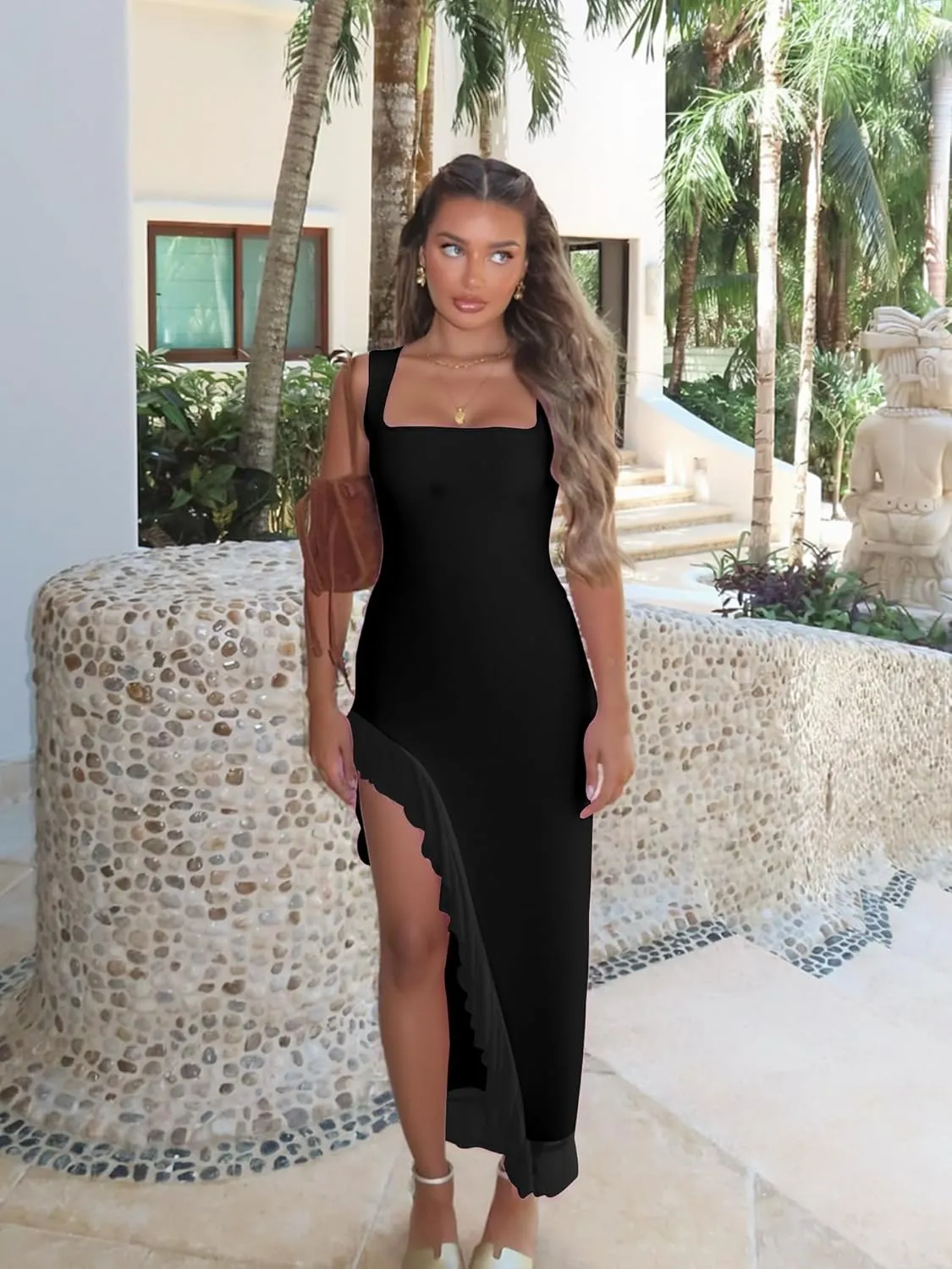 BORIFLORS Women's Sexy Bodycon High Slit Maxi Dresses Square Neck Sleeveless Ruffle Hem Cocktail Party Long Dress