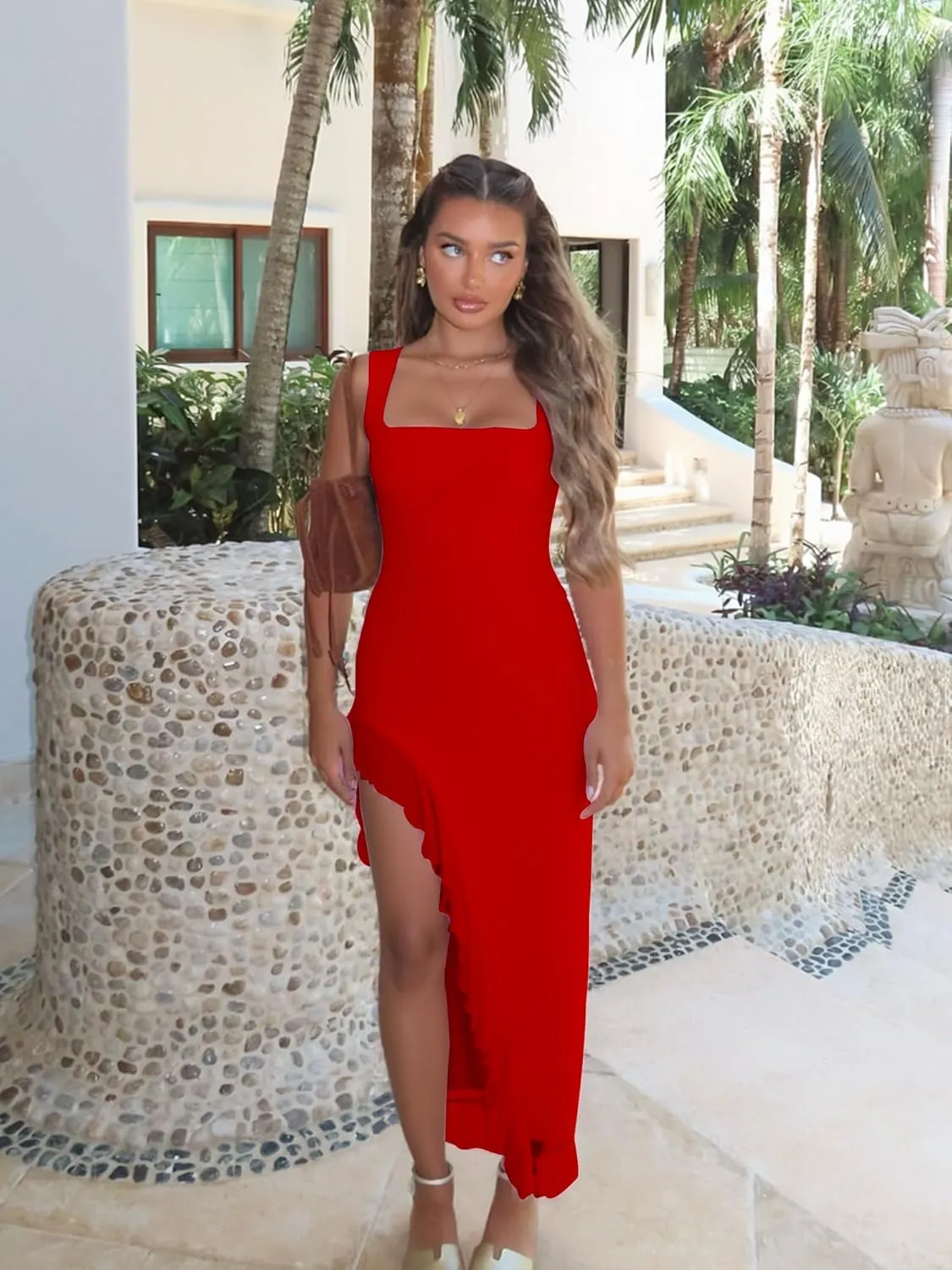 BORIFLORS Women's Sexy Bodycon High Slit Maxi Dresses Square Neck Sleeveless Ruffle Hem Cocktail Party Long Dress