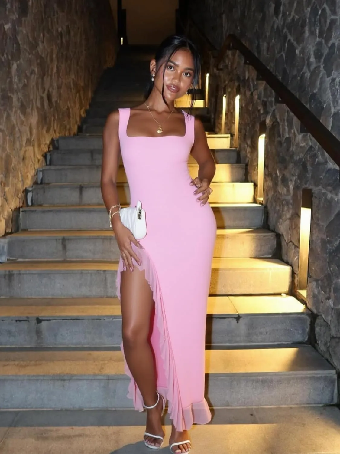 BORIFLORS Women's Sexy Bodycon High Slit Maxi Dresses Square Neck Sleeveless Ruffle Hem Cocktail Party Long Dress