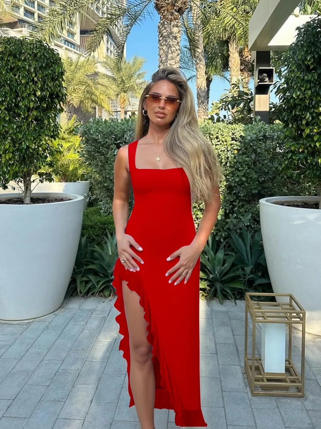 BORIFLORS Women's Sexy Bodycon High Slit Maxi Dresses Square Neck Sleeveless Ruffle Hem Cocktail Party Long Dress