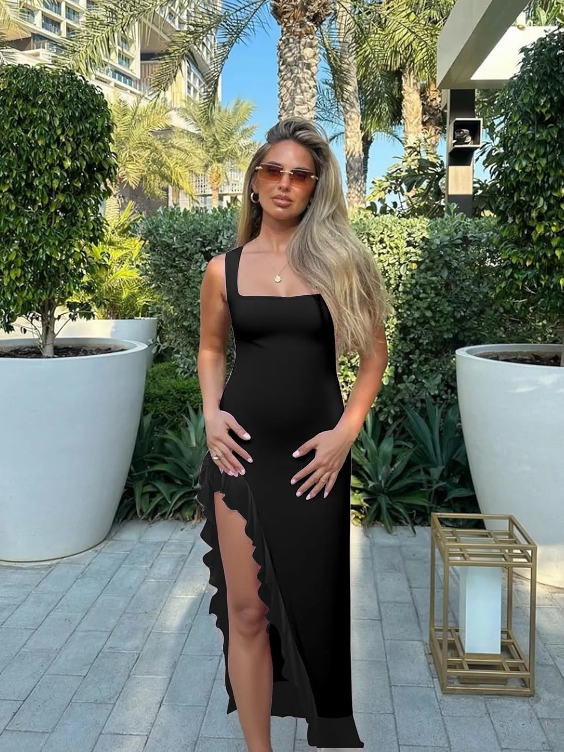 BORIFLORS Women's Sexy Bodycon High Slit Maxi Dresses Square Neck Sleeveless Ruffle Hem Cocktail Party Long Dress