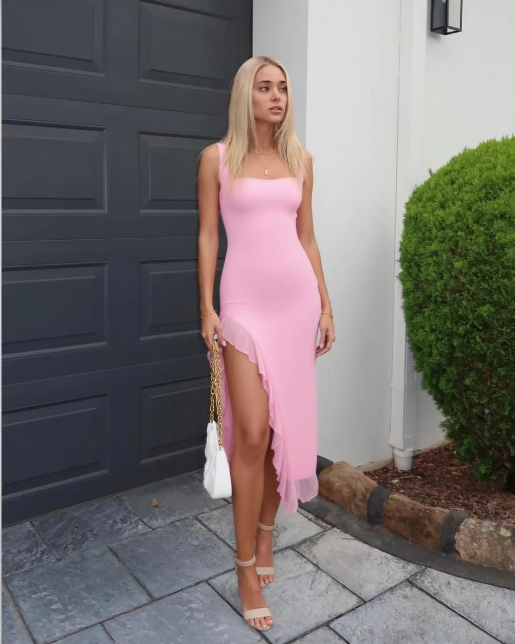 BORIFLORS Women's Sexy Bodycon High Slit Maxi Dresses Square Neck Sleeveless Ruffle Hem Cocktail Party Long Dress