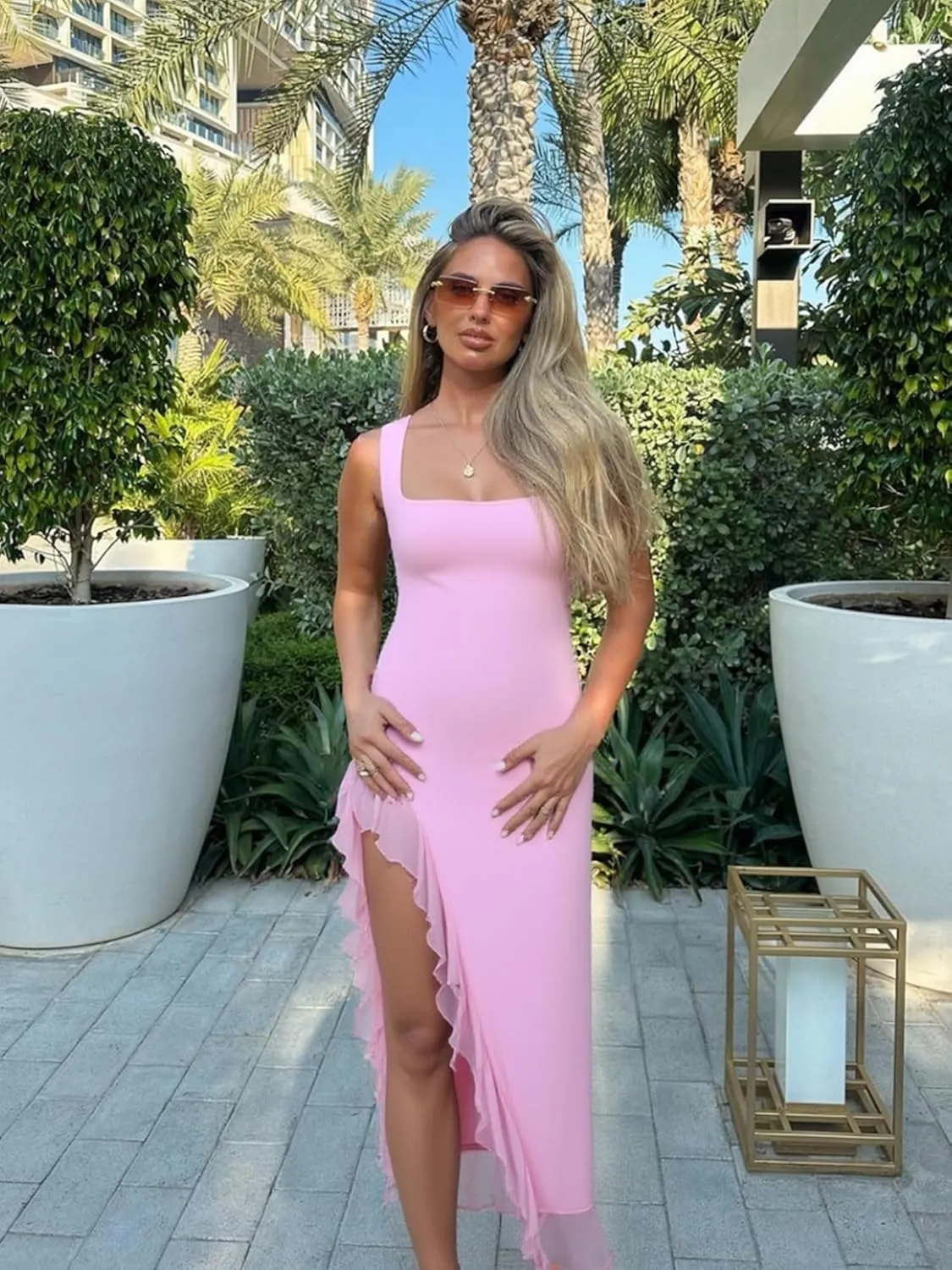 BORIFLORS Women's Sexy Bodycon High Slit Maxi Dresses Square Neck Sleeveless Ruffle Hem Cocktail Party Long Dress