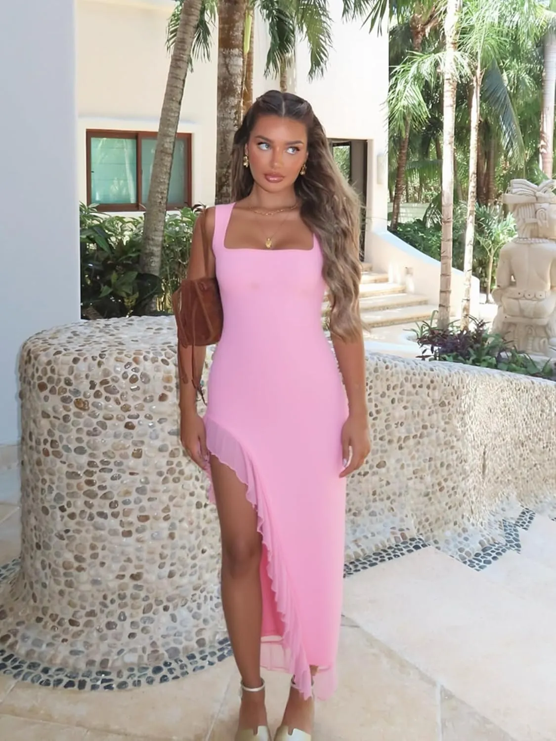 BORIFLORS Women's Sexy Bodycon High Slit Maxi Dresses Square Neck Sleeveless Ruffle Hem Cocktail Party Long Dress