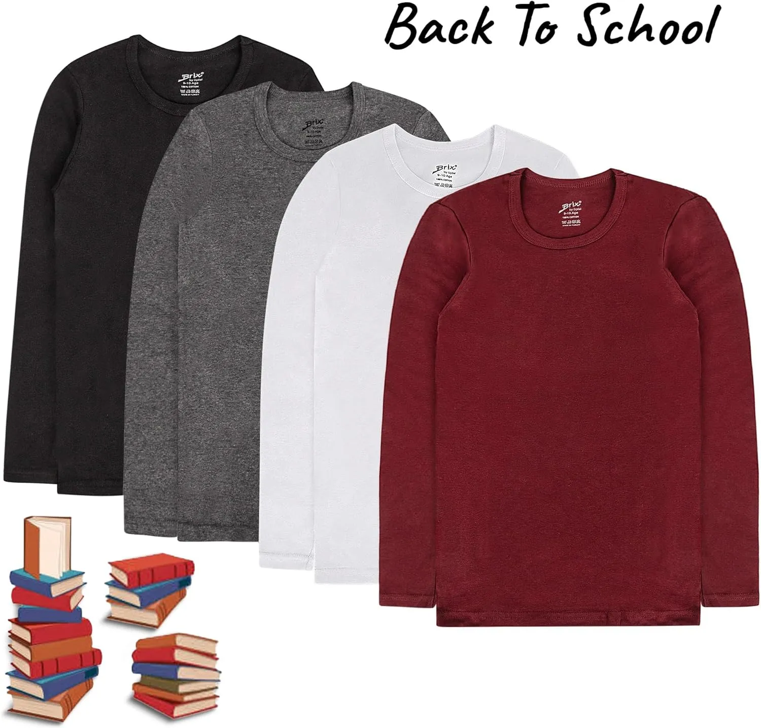 Brix Boys' Long Sleeve Tees - Tagless Crewneck Cotton Soft 4-pk Shirts. 2-20