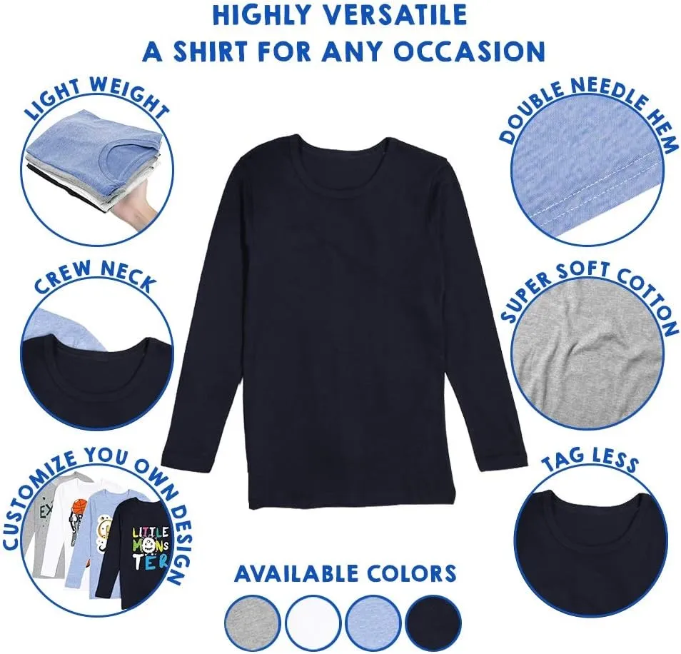 Brix Boys' Long Sleeve Tees - Tagless Crewneck Cotton Soft 4-pk Shirts. 2-20