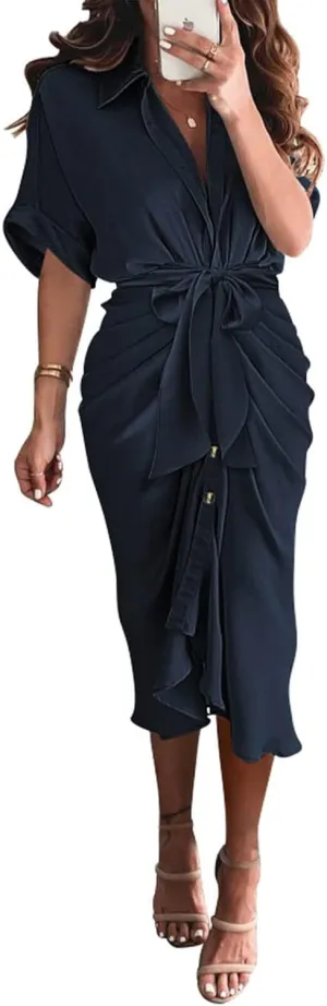 BTFBM 2025 Women Button Down Ruched Shirt Dresses Short Sleeve Lapel V Neck Elegant Party Spring Summer Maxi Satin Dress