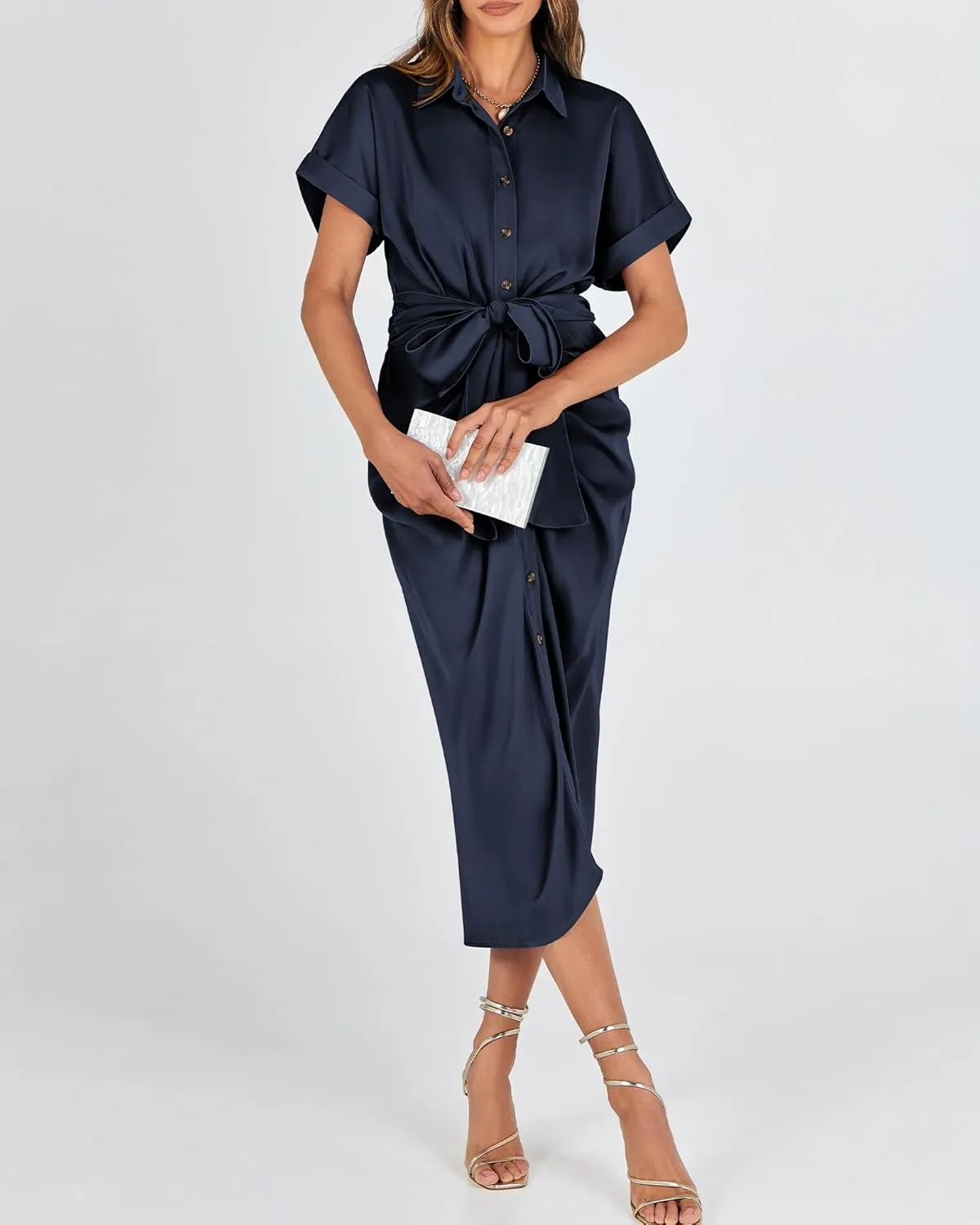 BTFBM 2025 Women Button Down Ruched Shirt Dresses Short Sleeve Lapel V Neck Elegant Party Spring Summer Maxi Satin Dress