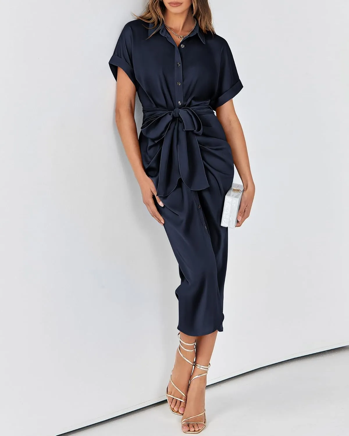 BTFBM 2025 Women Button Down Ruched Shirt Dresses Short Sleeve Lapel V Neck Elegant Party Spring Summer Maxi Satin Dress
