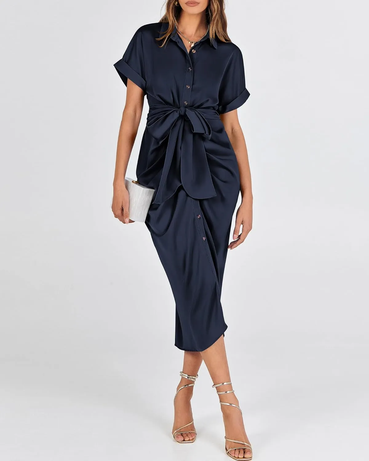 BTFBM 2025 Women Button Down Ruched Shirt Dresses Short Sleeve Lapel V Neck Elegant Party Spring Summer Maxi Satin Dress