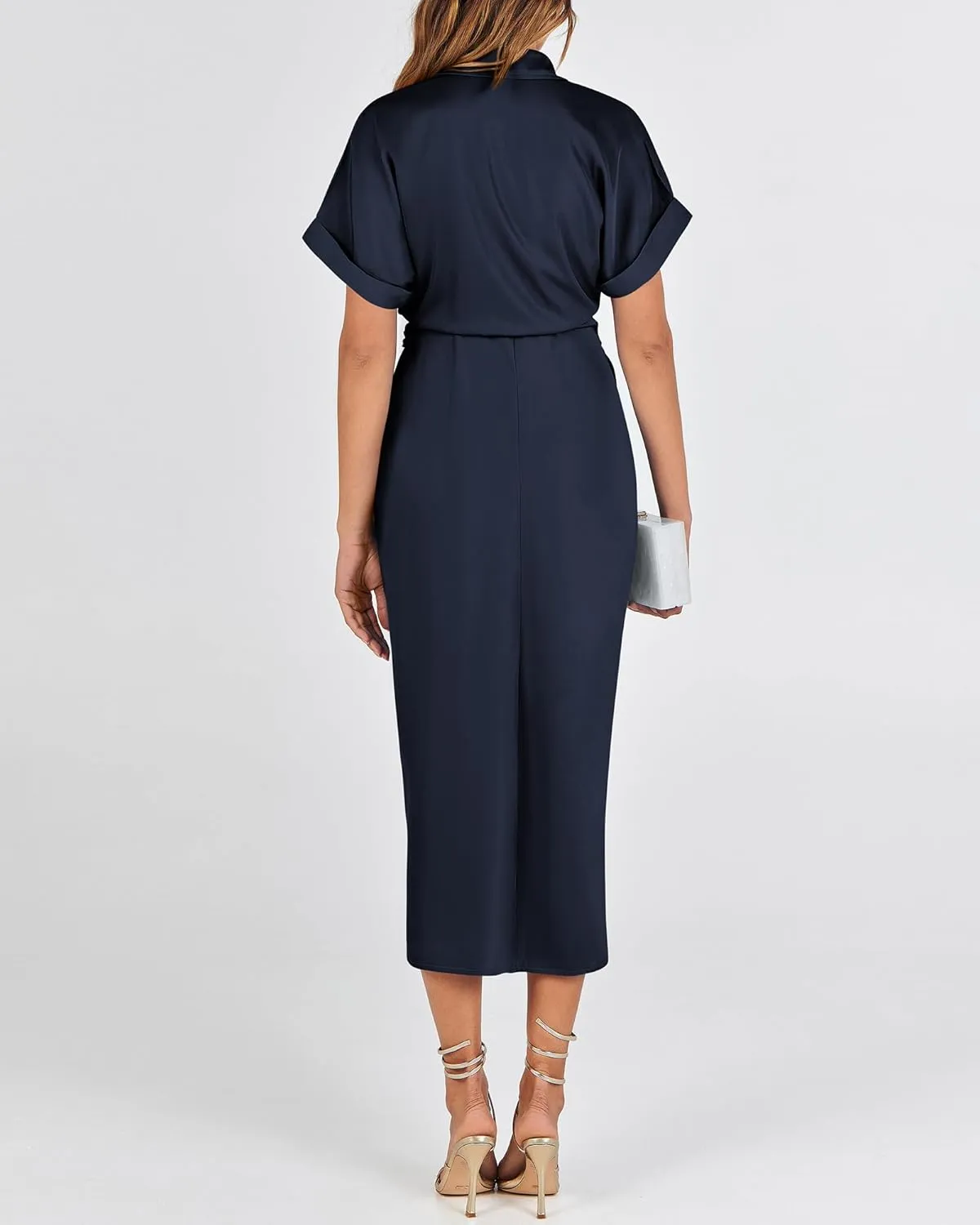 BTFBM 2025 Women Button Down Ruched Shirt Dresses Short Sleeve Lapel V Neck Elegant Party Spring Summer Maxi Satin Dress
