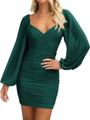BTFBM 2025 Womens Summer Spring Bodycon Dress Cross V Neck Ruched Mesh Long Sleeve Party Short Formal Cocktail Dresses