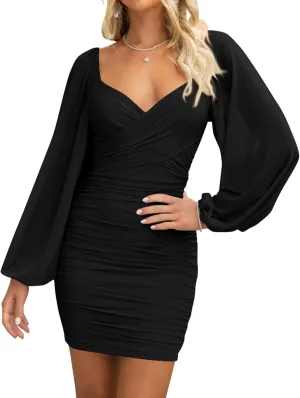 BTFBM 2025 Womens Summer Spring Bodycon Dress Cross V Neck Ruched Mesh Long Sleeve Party Short Formal Cocktail Dresses