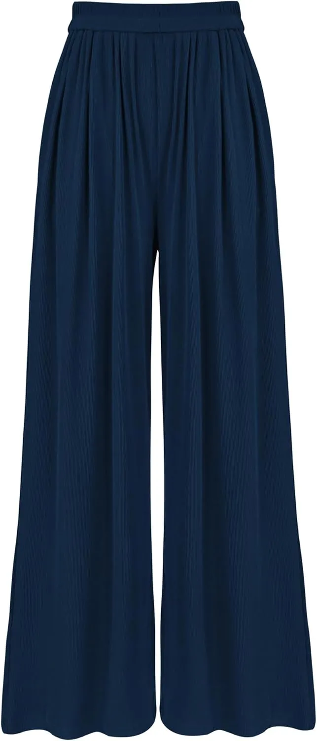 BTFBM Womens Casual Wide Leg Pants Summer Fall Clothes Pleated Elastic Waist Loose Palazzo Knit Trousers with Pockets