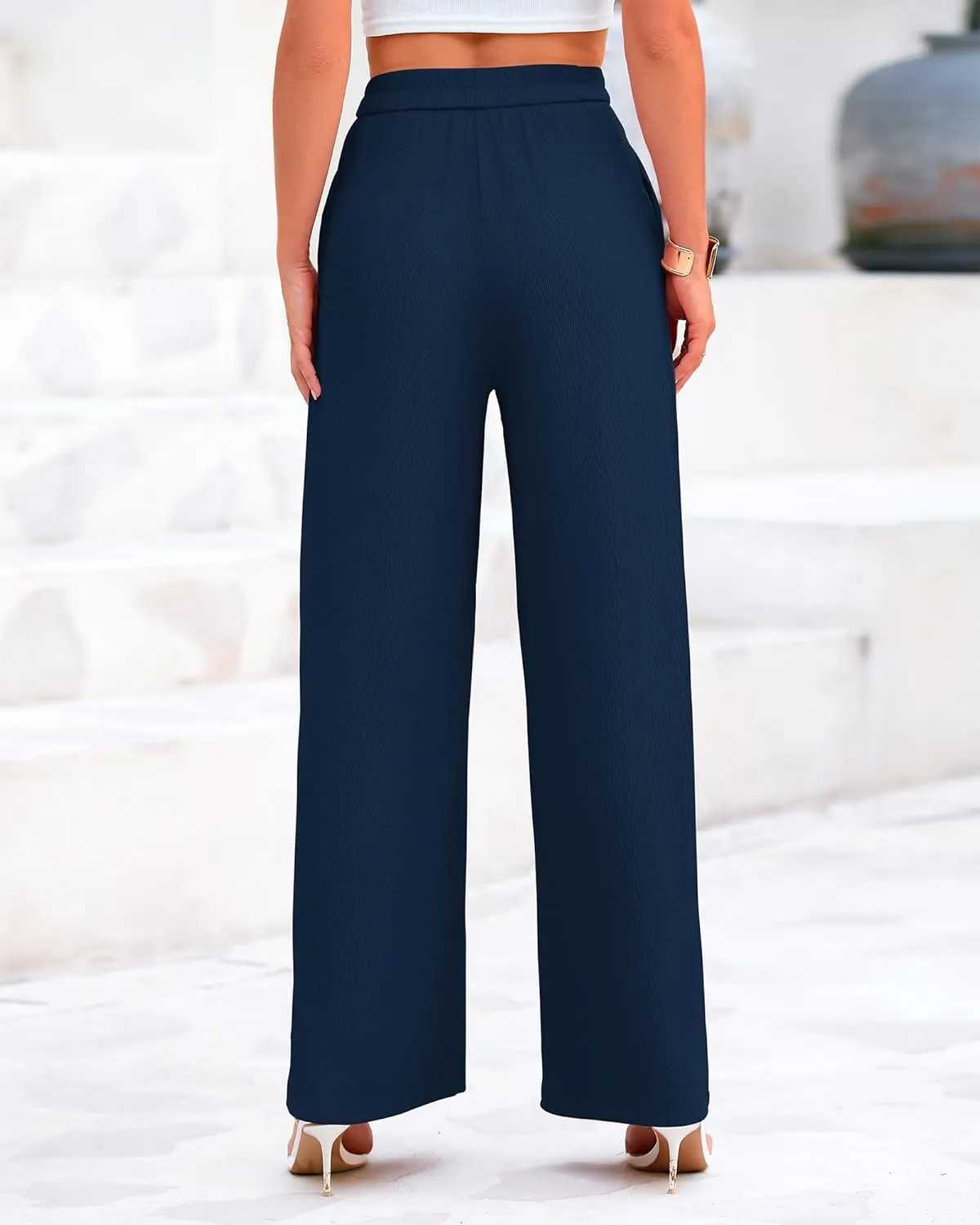BTFBM Womens Casual Wide Leg Pants Summer Fall Clothes Pleated Elastic Waist Loose Palazzo Knit Trousers with Pockets