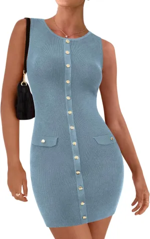BTFBM Womens Short Bodycon Dress Summer 2025 Crewneck Sleeveless Knit Trendy Tight Fitted Wedding Going Out Dresses