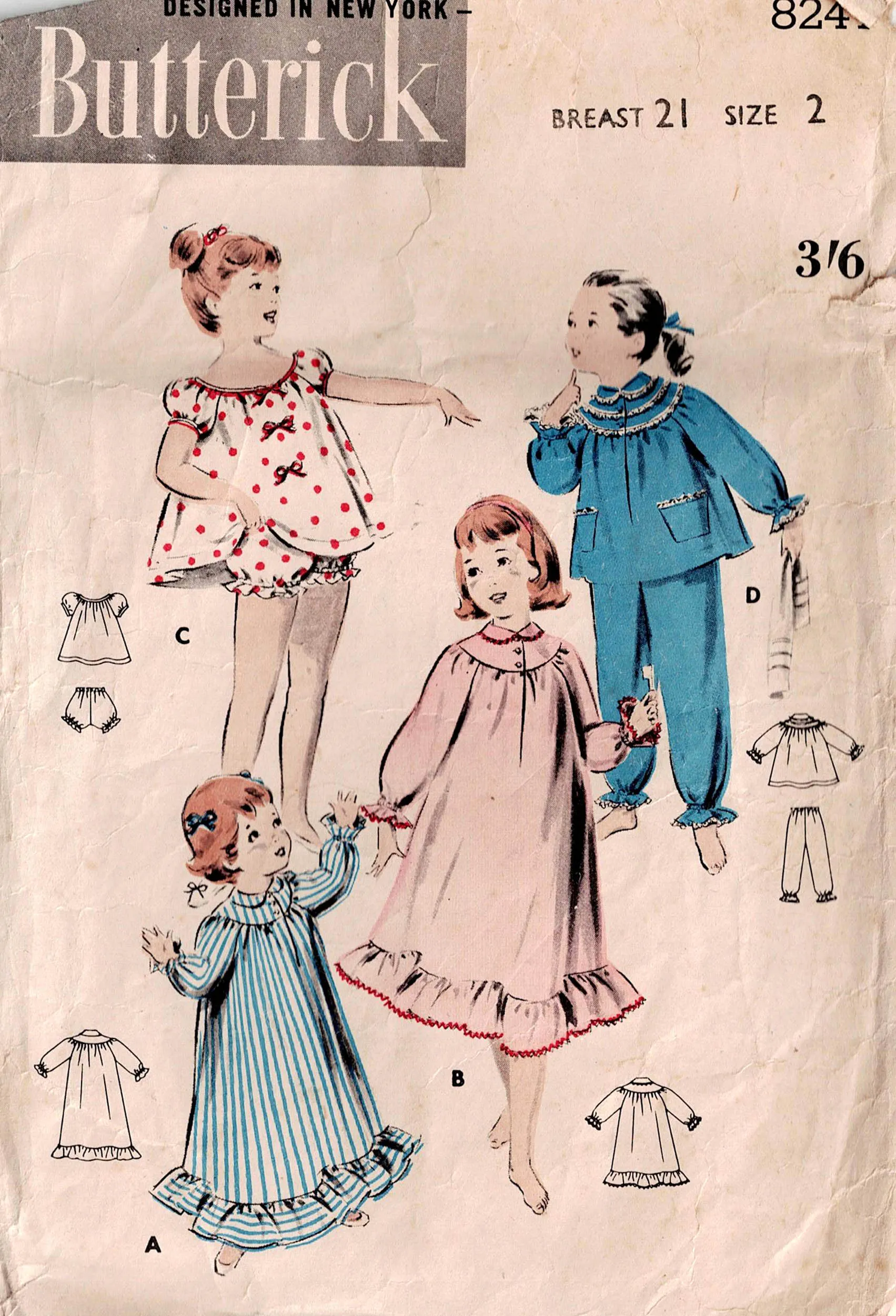 Butterick 8247 Toddler Girls Nightgowns & Pyjamas 1950s Vintage Sewing Pattern Size 2 Chest 21 inches