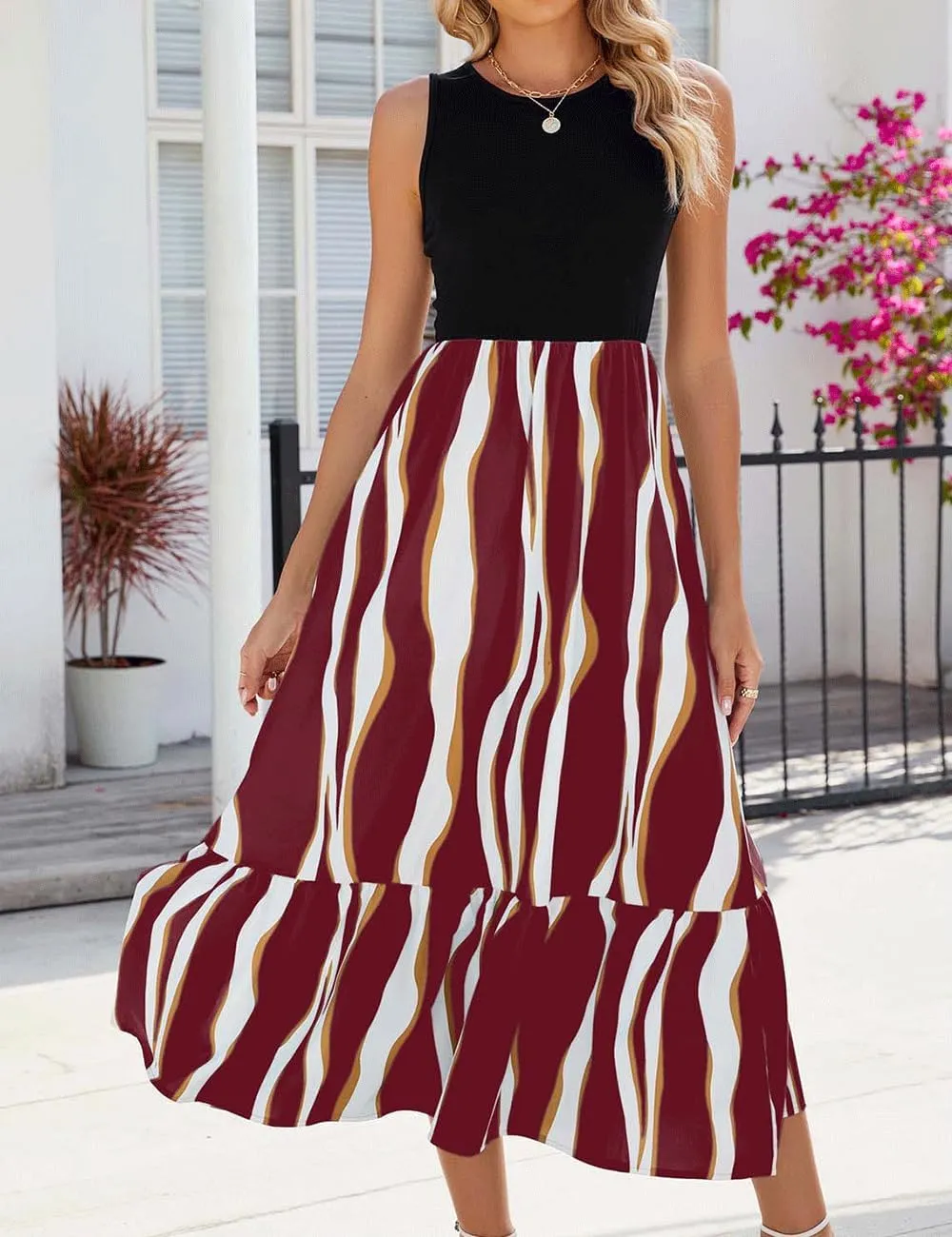 BZSFW Women's Summer Casual Sleeveless Maxi Dresses High Neck Tank Top Patchwork Boho Ruffle Dresses with Pockets