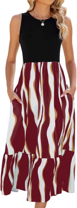 BZSFW Women's Summer Casual Sleeveless Maxi Dresses High Neck Tank Top Patchwork Boho Ruffle Dresses with Pockets