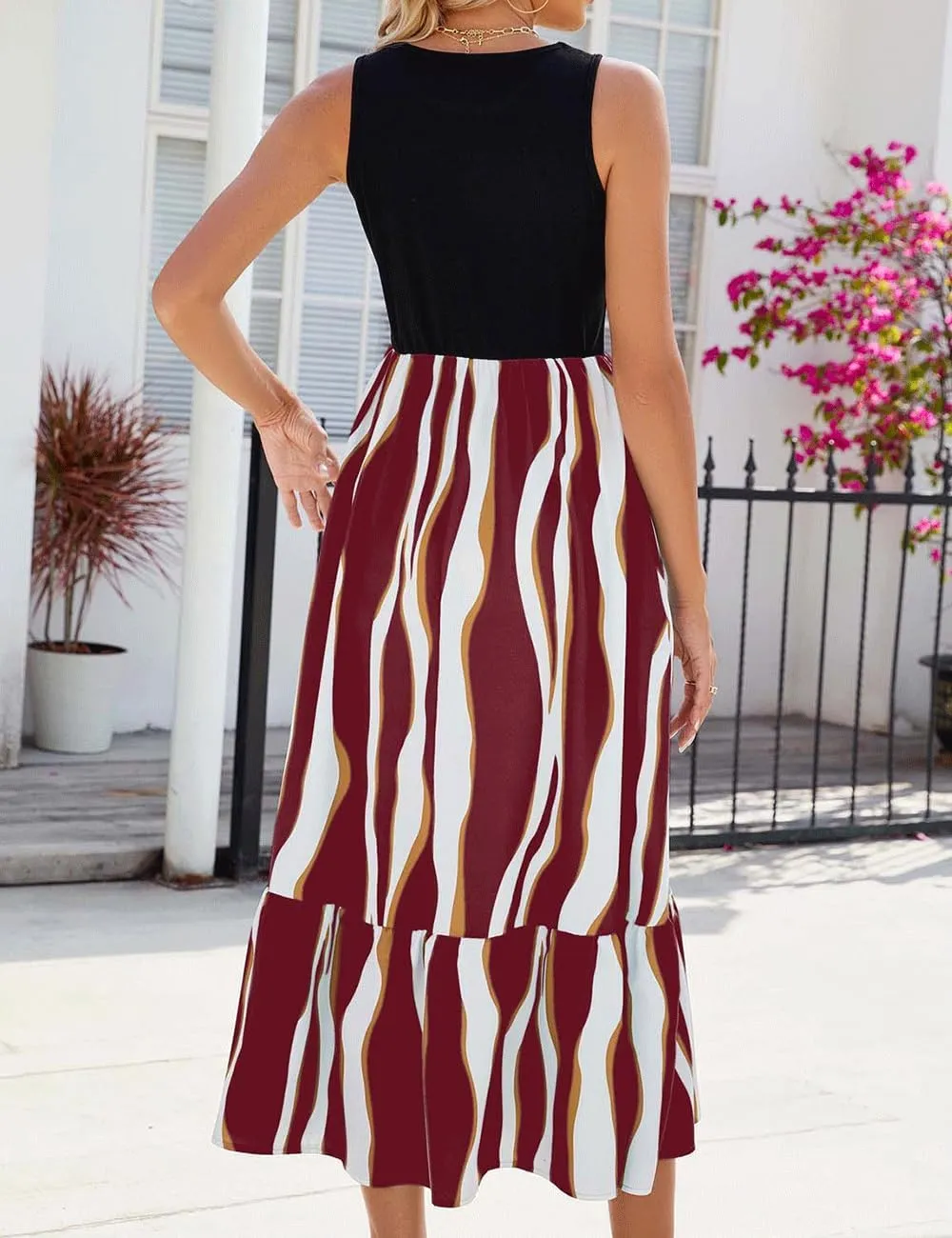 BZSFW Women's Summer Casual Sleeveless Maxi Dresses High Neck Tank Top Patchwork Boho Ruffle Dresses with Pockets