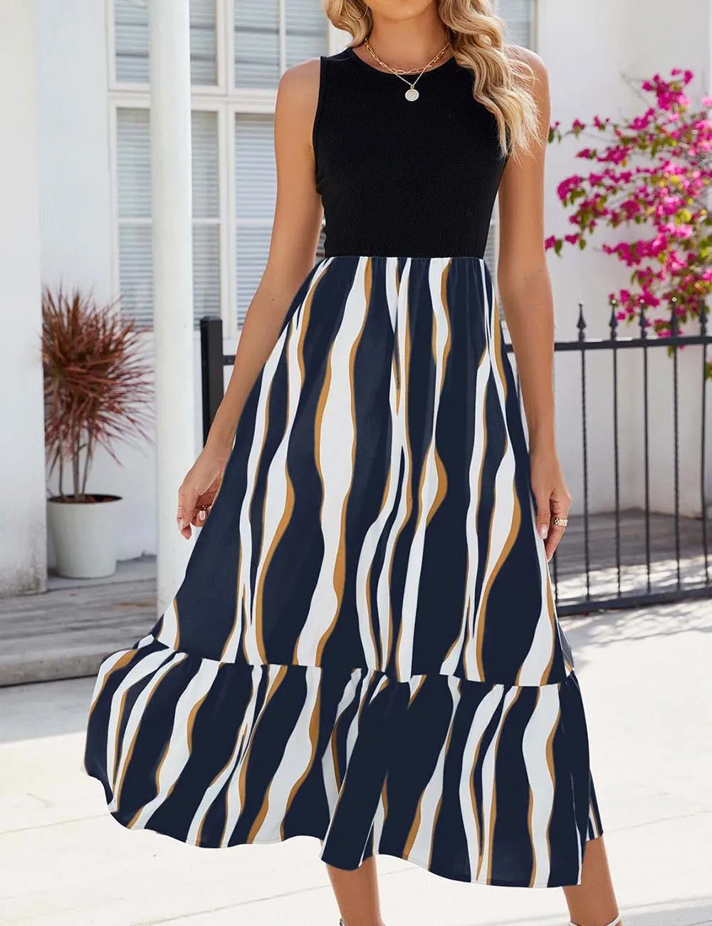BZSFW Women's Summer Casual Sleeveless Maxi Dresses High Neck Tank Top Patchwork Boho Ruffle Dresses with Pockets