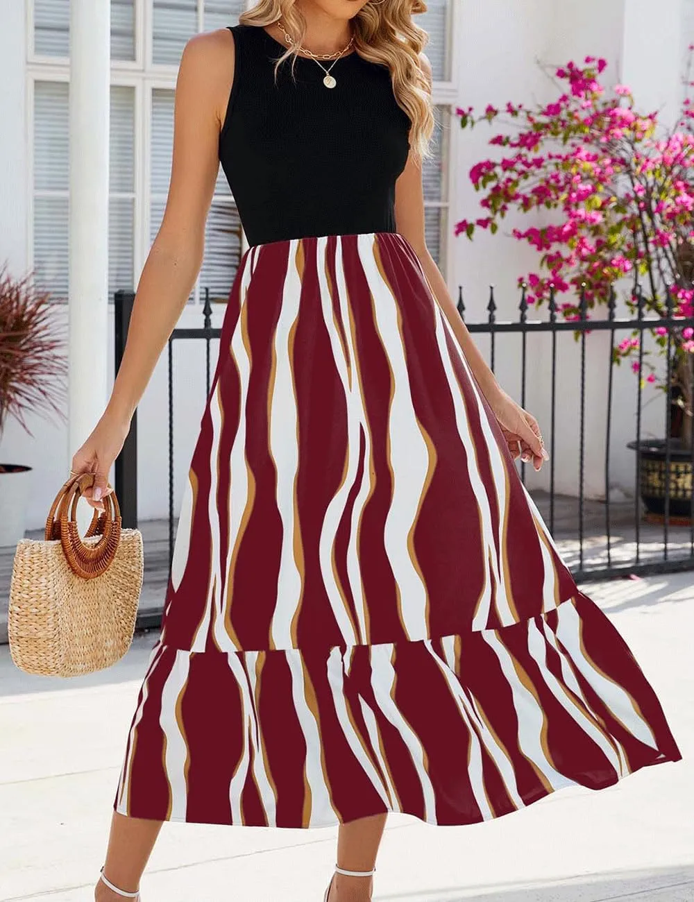 BZSFW Women's Summer Casual Sleeveless Maxi Dresses High Neck Tank Top Patchwork Boho Ruffle Dresses with Pockets