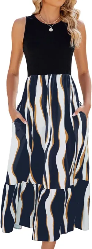BZSFW Women's Summer Casual Sleeveless Maxi Dresses High Neck Tank Top Patchwork Boho Ruffle Dresses with Pockets
