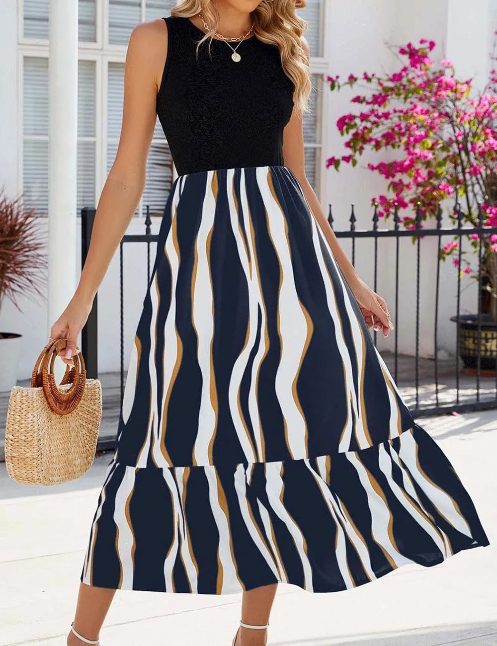 BZSFW Women's Summer Casual Sleeveless Maxi Dresses High Neck Tank Top Patchwork Boho Ruffle Dresses with Pockets