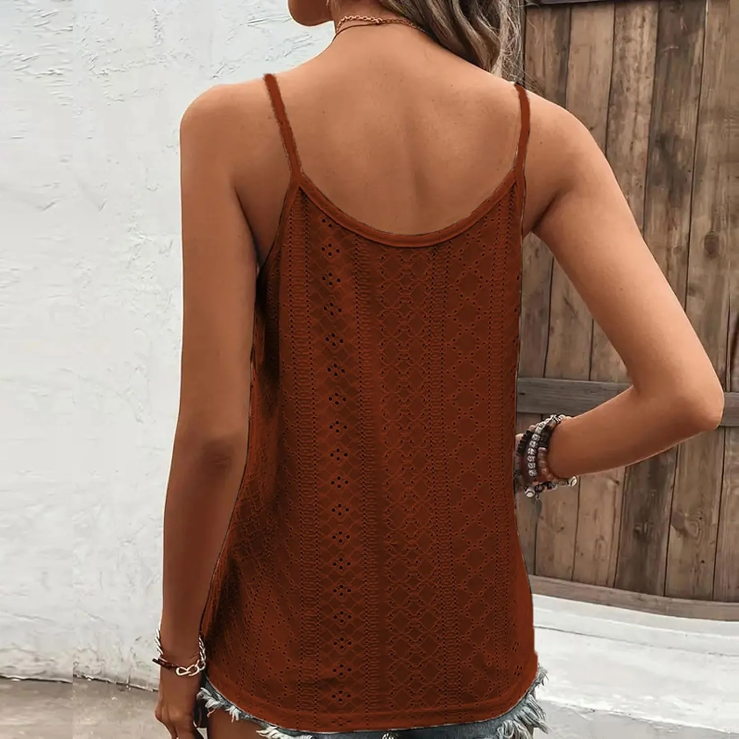 Camisole for Women Lace Trim V Neck Spaghetti Strap Tank Tops Dressy Casual Hollow Out Eyelet Sleeveless Blouse Shirts