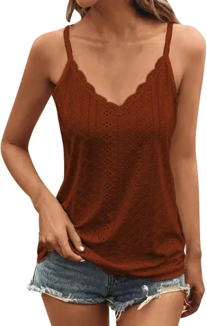 Camisole for Women Lace Trim V Neck Spaghetti Strap Tank Tops Dressy Casual Hollow Out Eyelet Sleeveless Blouse Shirts